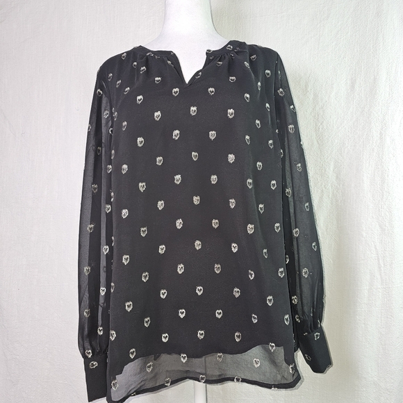 NWT Talbots Heart Jacquard Womens Blouse Sz M Black Metallic Semi Sheer - Picture 1 of 15